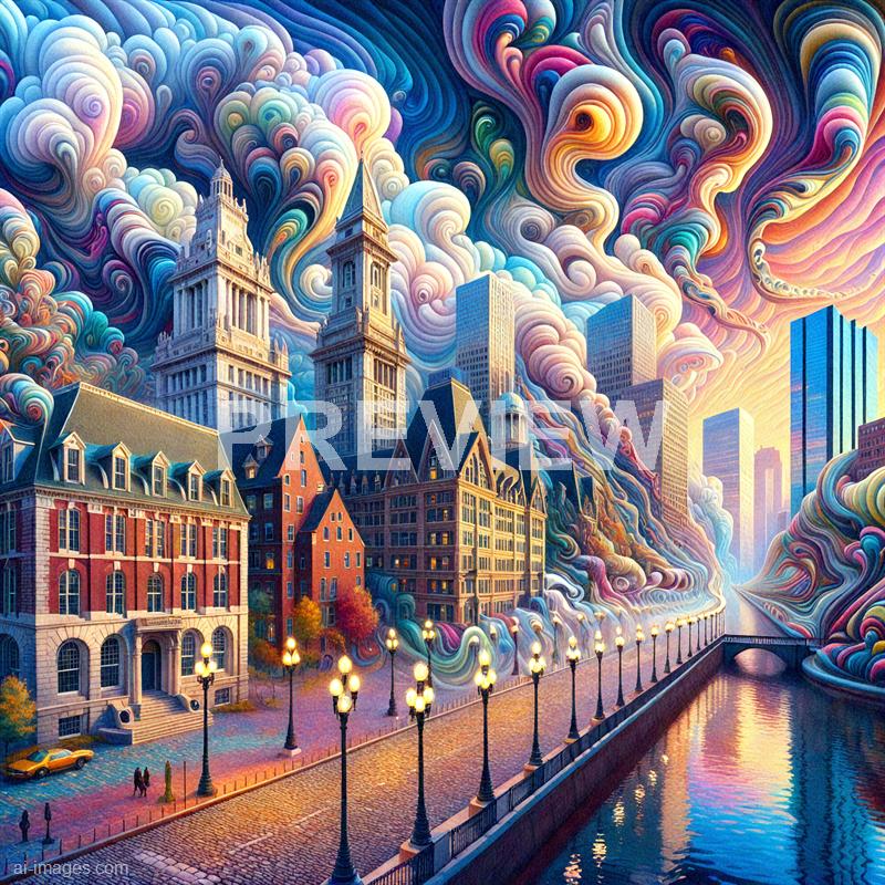 The image depicts a vibrant and surreal cityscape with a mix of classic and modern architecture, featuring tall, ornate buildings with spires and intricate details, alongside sleek, glass skyscrapers. The scene is filled with swirling, colorful clouds and billowing smoke, creating a dreamlike atmosphere. A canal runs along the foreground, lined with vintage-style street lamps, and there are a few small figures walking along the street, adding a sense of scale to the fantastical setting.